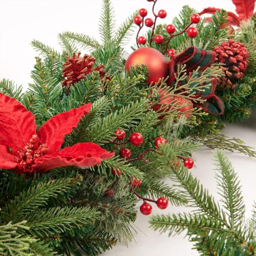9Ft Red Poinsettias Pre-lit Christmas Garland 70 Lights Plug in,Holiday Decoration Fireplace Stairs Mantle Door Indoor Outdoor