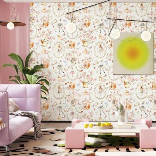 French Vintage Watercolor Peel and Stick Wallpaper, Whimsical Floral Self Adhesive Contact Paper with Ballet Bunny Squirrel Butterfly Strawberry 17.3in x 118in, Removable for Girls Nursery, Renter
