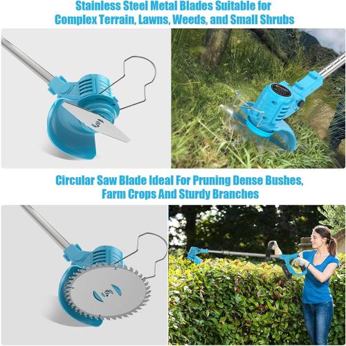 Weed Wacker, Cordless String Trimmer 21V with 2 Batteries 2.0Ah, 2 Types Metal Blades Powered Grass Trimmer, Pruning Shears, Adjustable Pole Weed Trimmer for Garden and Yard Lawn, Blue