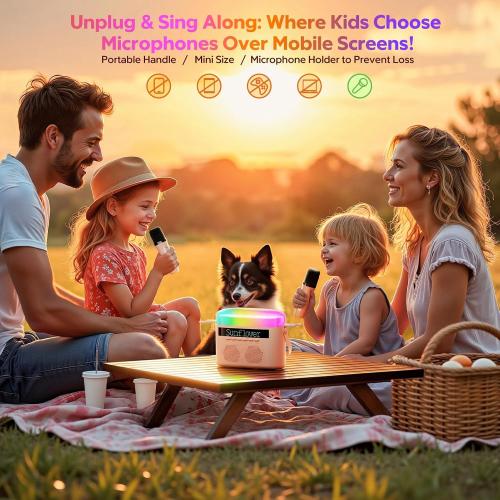 Karaoke Machine for Kids & Adults with 2 Wireless Mics 2400mAh Portable Bluetooth Karaoke Speaker with Timer White Noise & Night Light High Power Dual Speaker LED Display Home & Outdoor Party - Pink