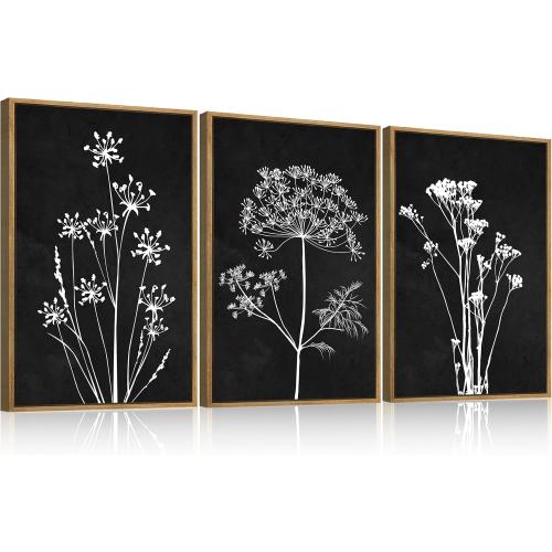 BINCUE Extra Large Framed Black and White Wall Art Floral Wall Decor Botanical Paintings for Living Room Bedroom Bathroom 24x36 Inch 3 Piece