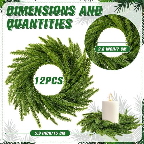 Dingion 12 Pcs Christmas Norfolk Pine Candle Ring Wreaths 6 Inch Small Christmas Wreath Garland Artificial Green Pine Ornaments Xmas Table Centerpiece for Wedding Farmhouse Home Cabinets Window Decor