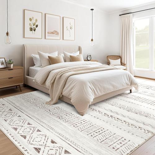 cotiled 8x10 Area Rug Living Room: Washable Boho Rugs with Non Slip Backing Large Soft Indoor Stain Resistant Carpet for Bedroom Farmhouse Dining Room Lightweight Home Decor L Brown/Cream