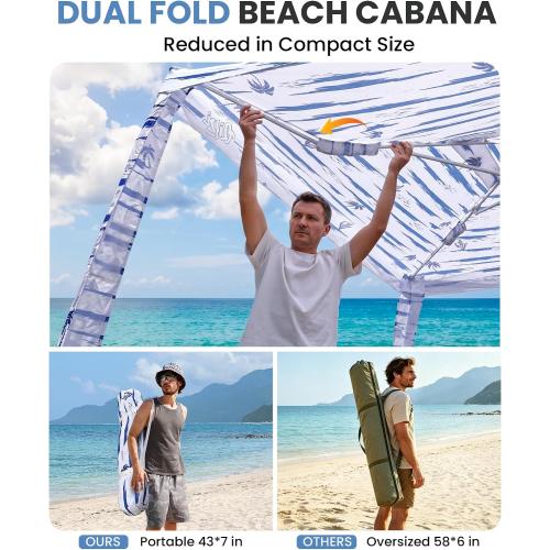 Beach Cabanas for Sand, Foldable Beach Canopy with Sandbags 8' | 43 Compact Fold, 8' x 8' Fits 6 Person, UPF 50 , Wind-Resistant, Privacy Side Wall, Easy Setup, 6.5-8' Adjustable Height