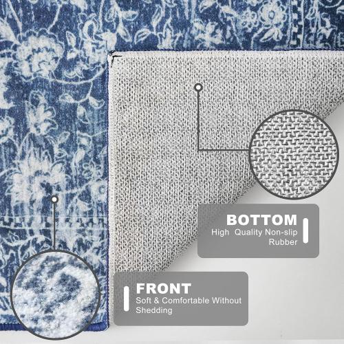 KILOCOCO Area Rug 8x10 Living Room Rug Washable Printed Vintage Floral Non Slip Soft Rubber Backed Indoor Bedroom Rugs for Laundry Room Kitchen Playroom Moroccan Area Rugs, Blue