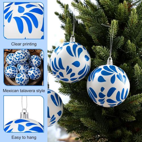 Poen 12 Pcs 3.15 Inch Mexican Christmas Ornaments Blue and White Talavera Ornaments Talavera Christmas Tree Decor Plastic Shatterproof Ball Cielito Lindo Decor Hanging Xmas Hispanic Party