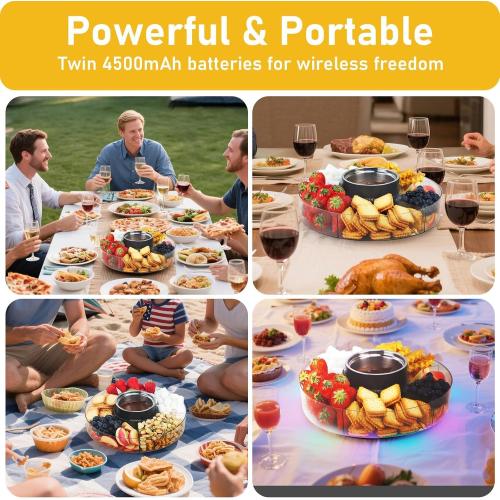 FEPPO Cordless Electric Fondue Pot Set with Mood Light, 2*4500mAh Rechargeable Battery Powered - 7 Roulette Cards & Detachable Serving Tray, 13.5 oz Chocolate Melting Machine, Ideal Gift for Parties