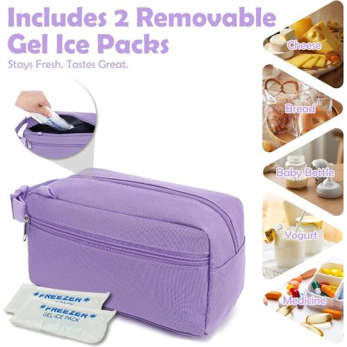 Fammart Freezable Snack Bag with Removable Ice Packs, Small Insulated Lunch Bag Mini Cooler, Leakproof Reusable Snack Lunch Box with Buckle Handle for Work, Travel, Office - Purple