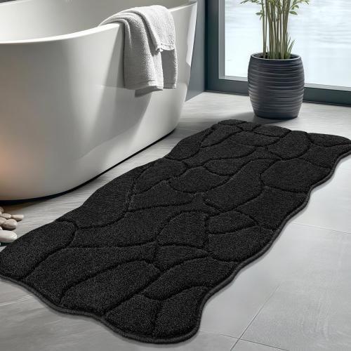 Large Bathroom Rugs Runner, 22x47 Extra Soft Absorbent Shaggy Long Bath Mats, Non-Slip Machine Washable Modern Bath Carpet Runner for Bathroom Laundry Room Kitchen (Black)