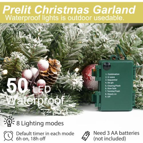 Christmas Garland Flocked 9ft with 50 Lights, Christmas Decor with Pine Cone Red Balls & Berries 50 Light Timer for Mantle Staircase Indoor and Outdoor