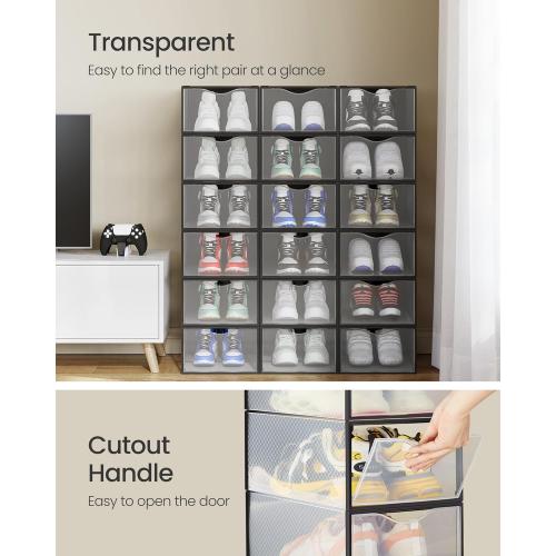 SONGMICS Shoe Boxes, Shoe Storage Organizers Rack for Closet, Plastic Stackable Sneaker Containers Case, 18 Pack, Transparent and Ink Black ULSP318B01