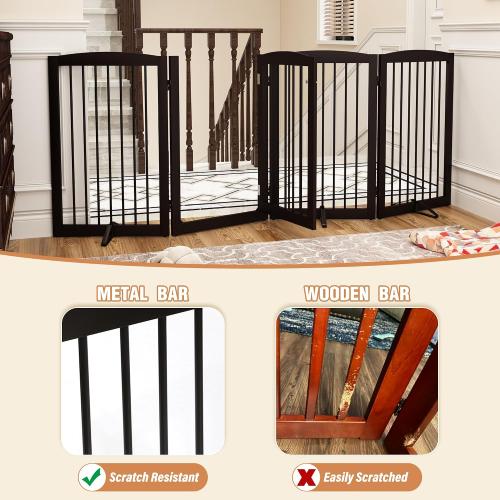 Freestanding Dog Gates with Door Walk Through, 80 inch Wide Gates Indoor, Dog Fences Indoor, Support Feet Included, 4 Panels, 32 Tall, Dark Brown