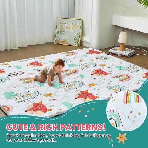 Baby Play Mat for Floor,71x59 Inch Soft Foam Padding Crawling Mat for Playpen, Foldable and Machine Washable, Thick for Babies & Toddlers,Rainbow Fox