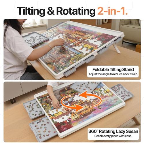 WELGEE 1500 Pieces 2-in-1 Tilting & Rotating Puzzle Board with Drawers and Cover, 35x27 Portable Spinning Plastic Jigsaw Puzzle Table for Adults, Upgraded Lazy Susan