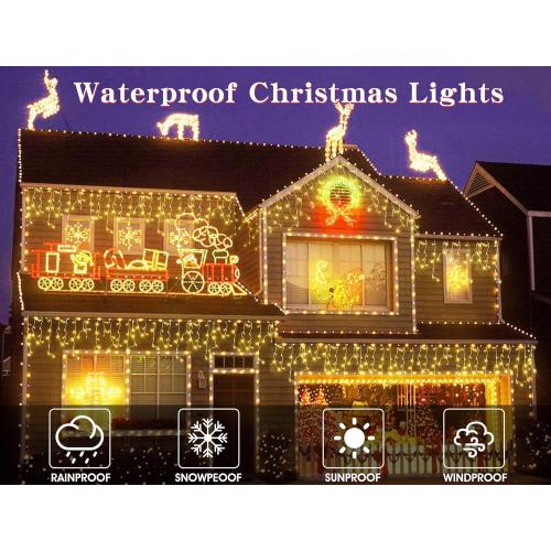 Warm White Christmas Icicle String Lights - 65.6 FT with 120 Drops, 8 Light Modes for Outdoor Decorations - Wedding, Party and More