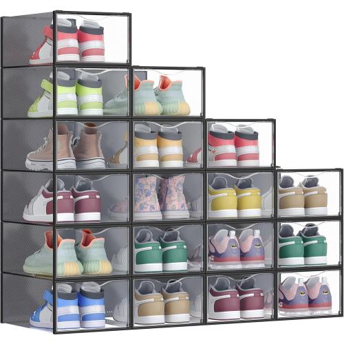 SONGMICS Shoe Boxes, Shoe Storage Organizers Rack for Closet, Plastic Stackable Sneaker Containers Case, 18 Pack, Transparent and Ink Black ULSP318B01