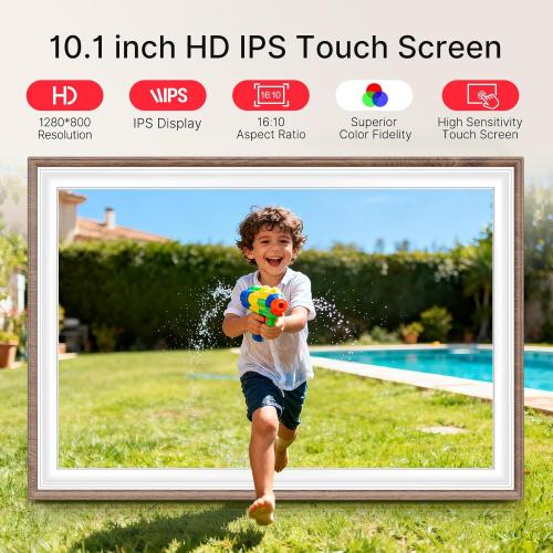 Frameo 10.1 Digital Picture Frame, Smart WiFi Digital Photo Frame with 1280x800 HD IPS Touch Screen 32GB Storage Auto-Rotate Wall Mounted, Share Photos/Videos Remotely(Brown&White)