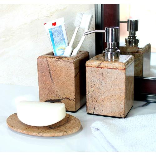 Bathroom Accessory Set Made from Natural Brown/Sand Stone - Bath Accessories Set of 3 Includes Soap Dispenser, Utility and Soap Dish