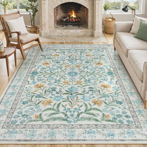 Lahome Light Blue Bedroom Rug 8x10 Under Bed, Boho Washable Rugs for Living Room Nursery, Soft Wool Vintage Low Pile Carpet for Dining Room Girls | Soft Wool Vintage Low Pile Carpet for Girls Kids Nursery Dining Room