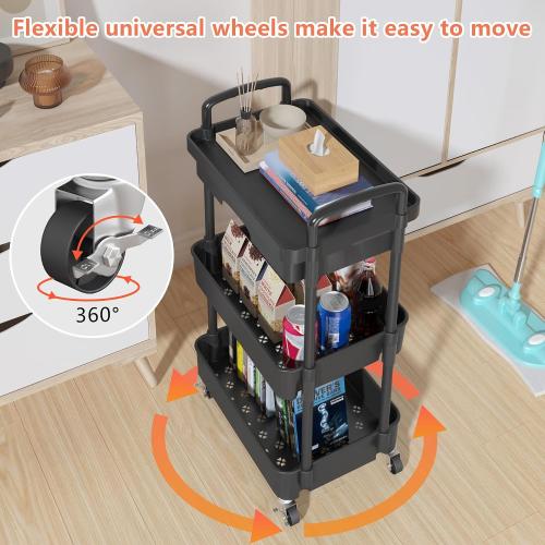 Black Calmootey 3-Tier Rolling Utility Cart with Drawer,Multifunctional Storage Organizer with Plastic Shelf & Metal Wheels,Storage Cart for Kitchen,Bathroom,Living Room,Office,Black
