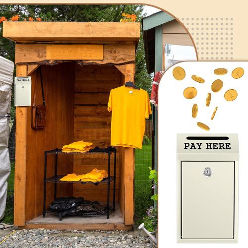 Yaocom Metal Money Cash Box,Beige,10.2 X 5.7 X 2.8 Inch | Wall Mount Pre-drilled Farm Stand Outdoor, Lockable Drop Slot for Donations, Pay Here Self-serve Safe Cash Lock Box
