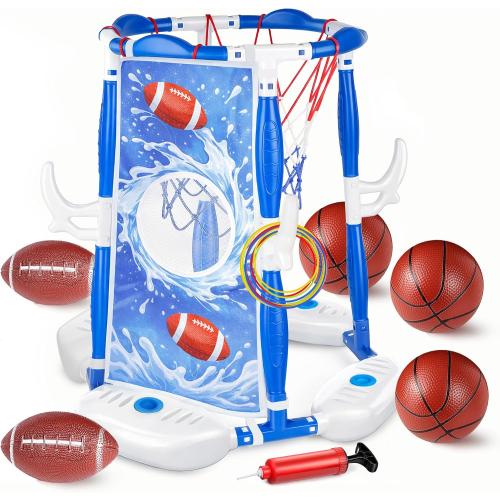 PJG Pool Basketball Hoop, 3-in-1 Floating Poolside Basketball Ring Game Football for Kids Ages 3-12, Outdoor Summer Swimming Pool Party Water Toy for Family Adults Boys Grils Birthday Gift (Blue)