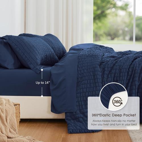 Love's cabin Seersucker Dark Blue Twin Comforter Set 5 Pieces, All Season Bedding Set, Twin Bed in a Bag Comforter Set with Comforter, Flat Sheet, Fitted Sheet, Pillowcase and Pillow Sham