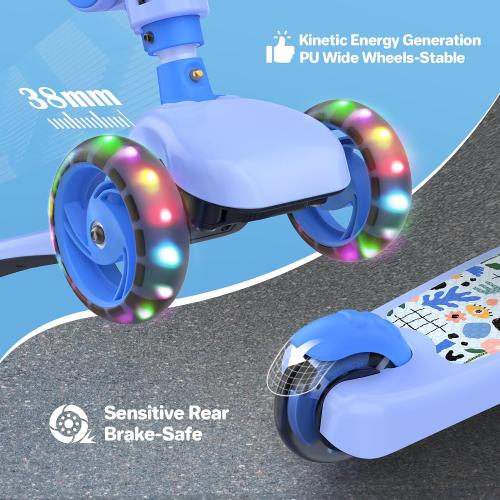 TONBUX Kids Scooter with Seat, 3 Wheels Scooter with PU Luminous Wheels, Non-Slip Handle and Wide Deck, Sensitive Brakes, 4-Level Adjustable Height, Scooters for Kids 2–8 Years