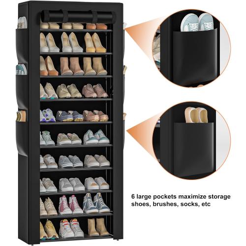 OYREL Large Shoe Rack, Black, 6 Side Pockets, 23.6 Wide x 11.4 Deep x 68.9 Tall, 36-41 Pairs of Shoes