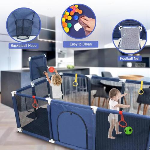 Baby Playpen Large Playpen for Babies and Toddlers, Sturdy Baby Ball Pit w/Basketball Hoop Soccer Net, Indoor Outdoor Children's Fence Play Pen Activity Center Play Area, Infant Safety Gates(Blue)