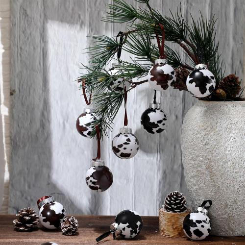 Syhood 24 Pcs Cowhide Printed Christmas Ball Ornaments 2.4 Inch Plastic Western Cow Ornaments Country Western Party Decorations Rustic Holiday Xmas Baubles for Tree Home Gift