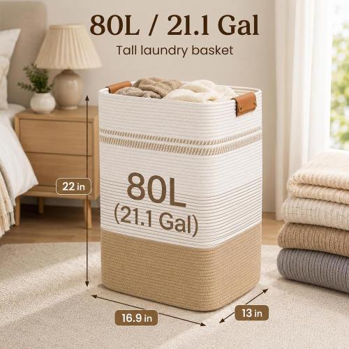 Laundry Hamper, Cotton Rope Laundry Basket with Leather Handles, 21.1-Gallon/80 L Large Clothes Hampers for Laundry, Handwoven Laundry Baskets for Blankets, Children Toys, Bedroom, Living Room