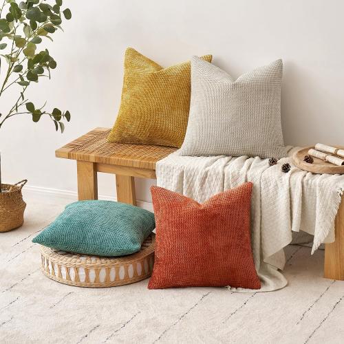 MIULEE Pack of 4 Couch Throw Pillow Covers 18x18 Inch Neutral Orange/Teal Soft Decorative Chenille Pillow Covers Farmhouse Accent Cushion Covers for Boho Home Decor Spring Sofa Bedroom Living Room