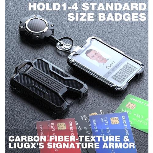 LIUGX Retractable Badge Holder with Belt Clip, Heavy Duty Carabiner Keychain,Durable ID Card Holder (Holds 4 Cards), Carbon Fiber-Texture, with 31.5”Badge Reel Key Chain, 10,000  Rebound, Silver-Black