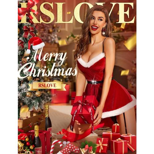 Size L RSLOVE Sexy Christmas Lingerie For Women Santa Babydoll Chemise Red Costume with 4PCS Garters Belt