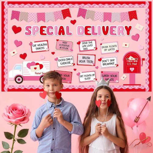 party greeting Valentine's Day Bulletin Board Set Valentines Special Delivery Classroom Decorations Heart Mailbox Paper Cutouts Bulletin Board for School Home Nursery Chalkboard Wall Door Supplies