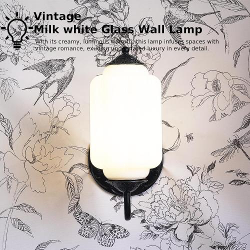 Antique Black Milk Glass Wall Sconce - Vintage Green Shade & Brass Finish Base - Indoor Wall Lighting Fixture for Living Room, Bedroom, Bathroom, Hallway, Entryway (White)