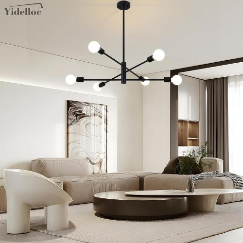 6 Lights Black Sputnik Chandeliers Modern Light Fixtures, Mid Century Chandelier Adjustable Length Pendant Light for Dining Room, Bedroom, Living Room, Kitchen, Farmhouse