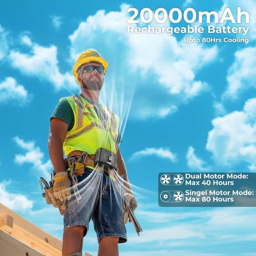Portable Waist Fan, USB charger cable not included. 20000mAh Rechargeable Personal Belt Fan, 16000RPM Shirt Fan, Dual Motors & Smart Display, 40H Cooling Body Fan for Outdoor Work Camping Travel Warehouse Hot Weather Essentials