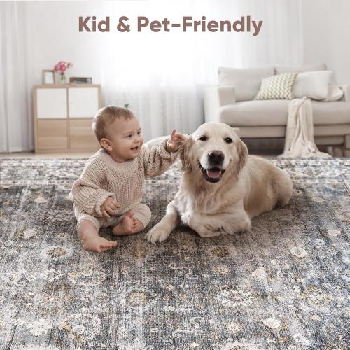 Grey and Blue Bedroom Rectangular Rug Washable Area Rug Non Slip Low Pile Small Carpet for Bedroom, Bedside, Kitchen, Entryway, Kids Room, Office, College Dorm Essentials for Girls