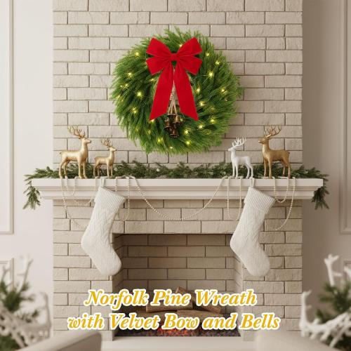 2 Pack 22 Inch Pre-Lit Christmas Wreath Norfolk Pine Wreath with Velvet Bow and Bells Realistic Greenery Holiday Decoration for Front Door Indoor Outdoor Christmas Decor (Red)