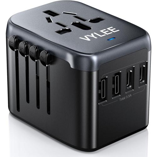 Universal Travel Adapter, VYLEE 5 in 1 International Power Adapter, 3.5A 2xUSB-A and 2xUSB C Wall Charger, Worldwide Travel Essentials Plug for Europe USA UK AUS Asia (Black Grey)
