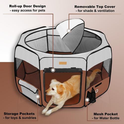 Dog Playpen, Portable Pet Play Pen for Cat, Puppies, Rabbits, Chickens, Foldable Large-Capacity Pet Tent for Indoor/Outdoor Travel Camping Brown