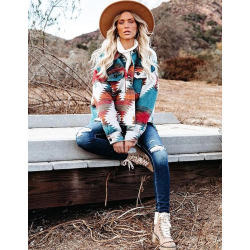 Size Medium Color Multi Women's Vintage Aztec Print Pattern Loose Shacket Button Down Long Sleeve Woolen Jacket Shirts Coat