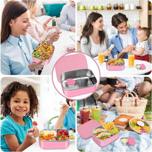Pink 2pc Set Small Stainless Steel Bento Lunch Box - Reusable Divided Metal Snack Bento Box 3-Compartment Food Meal Prep Storage Lunch Containers Leakproof with Dip Container,Dishwasher,Freezer Safe, BPA-Free