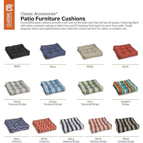 Set of 2 Classic Accessories Water-Resistant Square Patio Seat Cushions, 19 x 19 x 5 Inch, 2 Pack, Black, Outdoor Seat Cushions