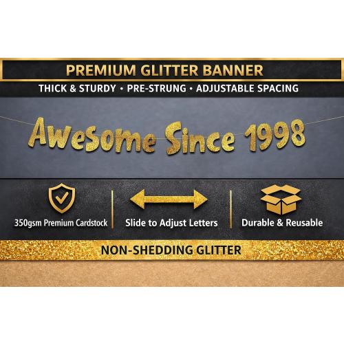 Pre-Strung Awesome Since 1998 Gold Glitter Banner - Funny 28th Birthday and Anniversary Decorations for Men and Women - Party Supplies and Gifts