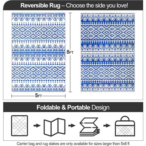 Waterproof Outdoor Rug 5x8ft, Bohemia Reversible Plastic Straw Mat for Patio RV Deck Porch Backyard Balcony Camping Picnic Beach Indoor Outdoor Carpet, Blue&White