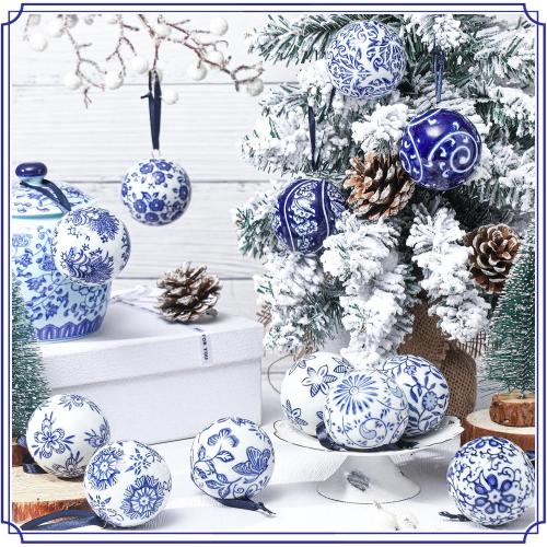 Cindeer 9 Pcs Blue and White Christmas Porcelain Balls 2.4 Inch Porcelain Chinoiserie Ornament Bulk Christmas Ceramic Hanging Decorative for Tree Home Xmas Party (Elegant Style)