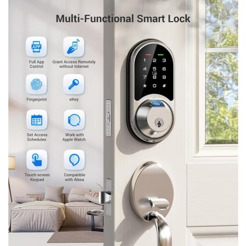 Veise RZ07 Smart Lock, Fingerprint Door Lock, 7-in-1 Keyless Entry with App Control, Electronic Touchscreen Keypad Deadbolt, Biometric Smart Locks for Front Door, Satin Nickel
